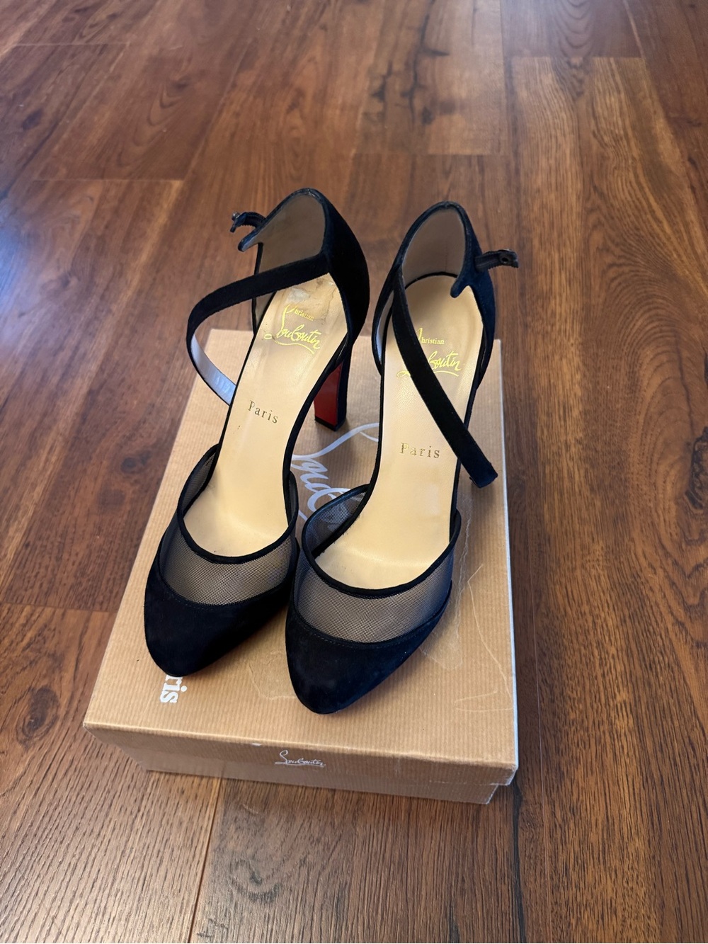 Christian Louboutin Black Mesh Suede Pointed-Toe Ankle-Strap Pumps